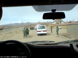 Military checkpoint. Security personnel in Tibetan areas have been significantly increased since protests began in March, 2008. Military checkpoint. Security personnel in Tibetan areas have been significantly increased since protests began in March, 2008.